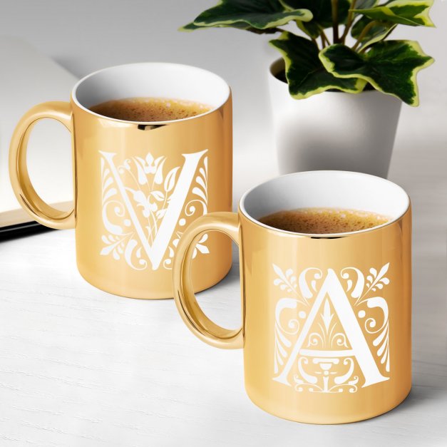 Set de 2 tasses dorées en céramique avec personnalisation pour couple initiales mariage anniversaire