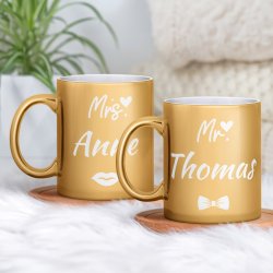 Set de 2 tasses dorées en céramique avec personnalisation pour couple monsieur et madame