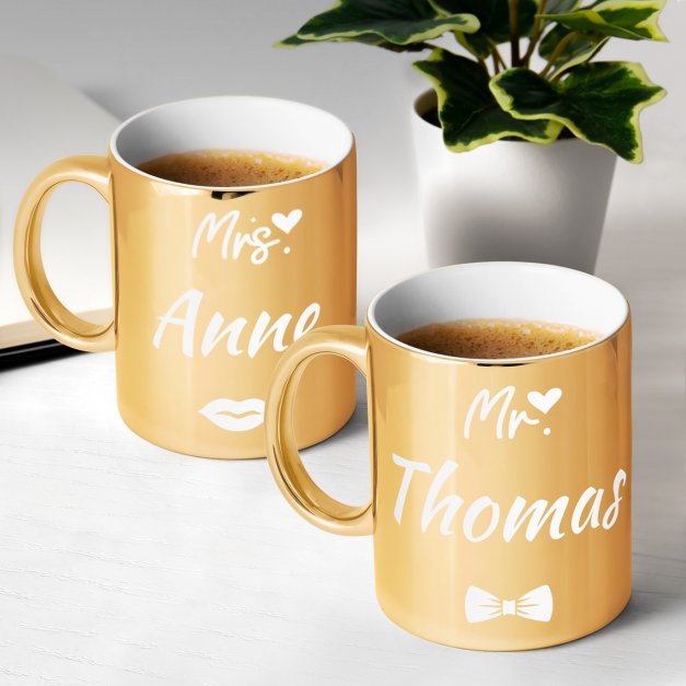 Set de 2 tasses dorées en céramique avec personnalisation pour couple monsieur et madame