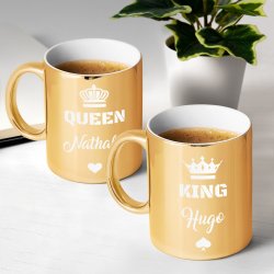 Set de 2 tasses dorées en céramique avec personnalisation pour couple mariage elle et lui