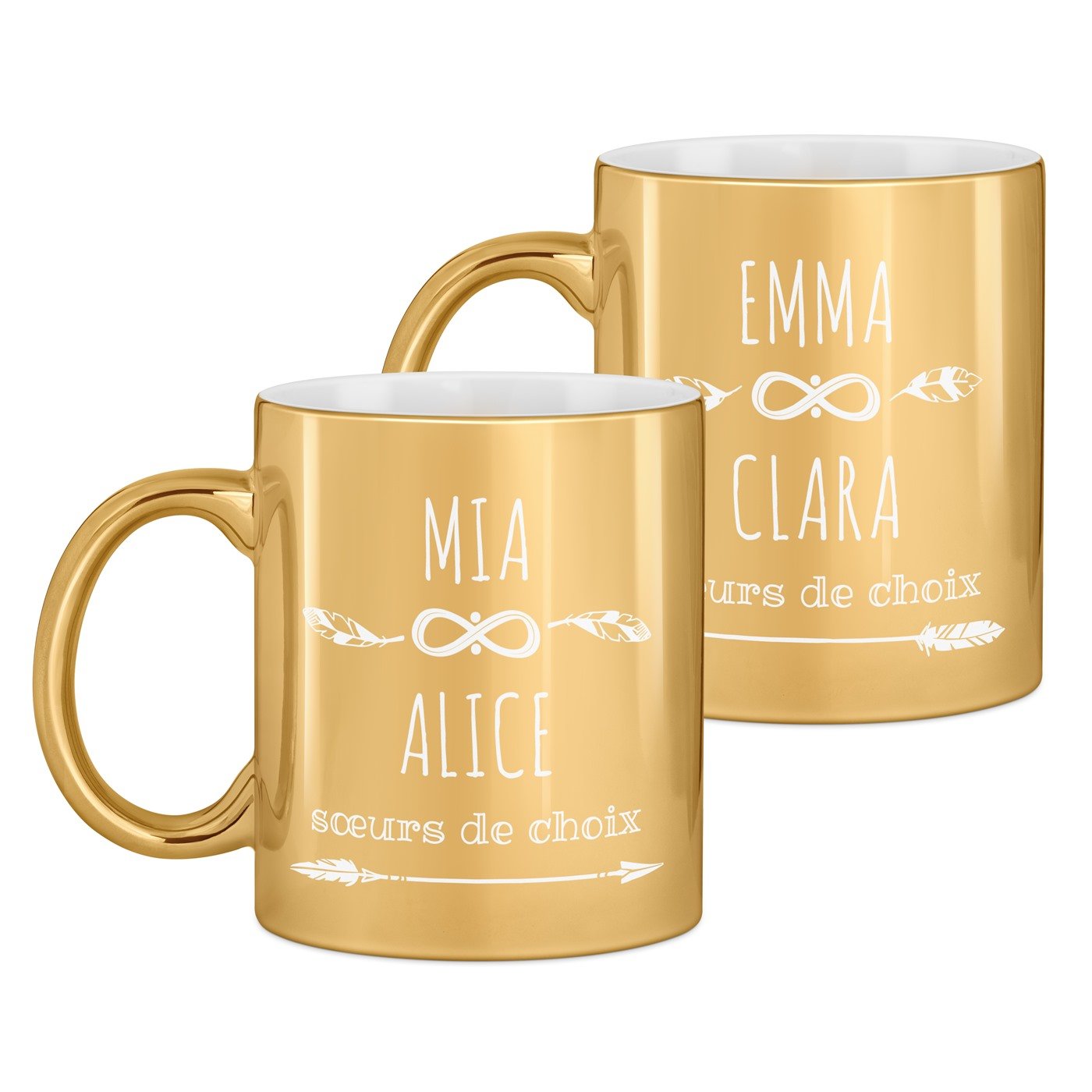 Set de 2 tasses dorées en céramique avec personnalisation pour femme sœurs amies 