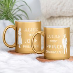 Set de 2 tasses dorées en céramique avec personnalisation pour couple anniversaire de mariage
