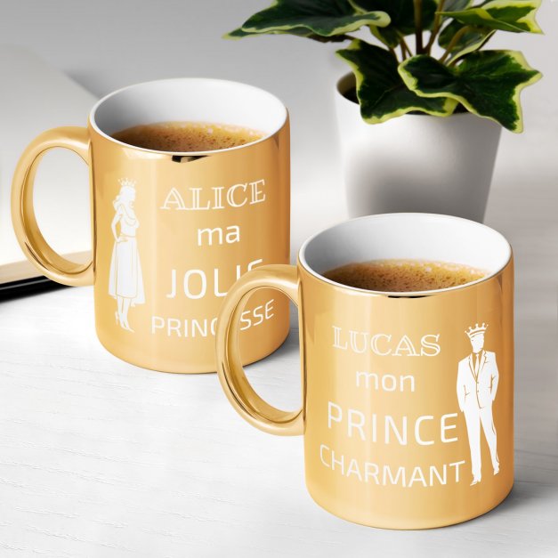 Set de 2 tasses dorées en céramique avec personnalisation pour couple anniversaire de mariage
