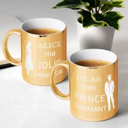 Set de 2 tasses dorées en céramique avec personnalisation pour couple anniversaire de mariage