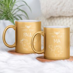 Set de 2 tasses dorées en céramique avec personnalisation pour couple mariage saint valentin