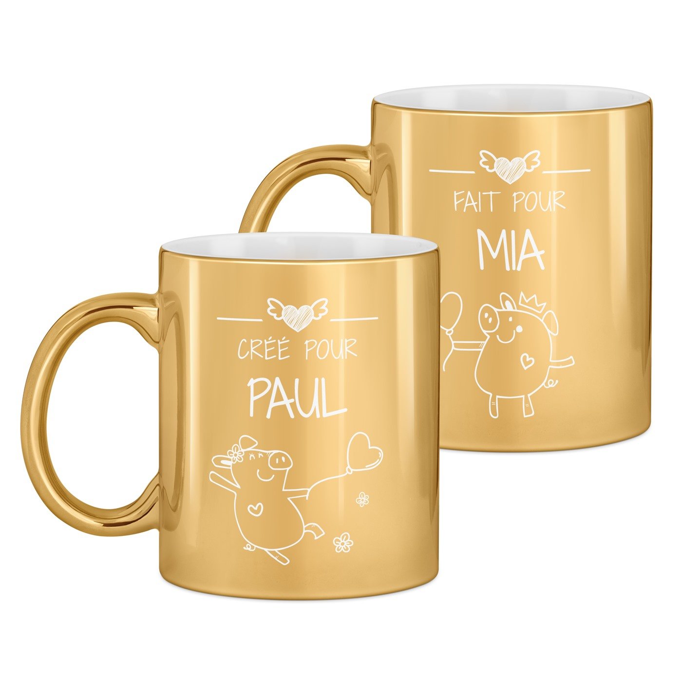 Set de 2 tasses dorées en céramique avec personnalisation pour couple mariage saint valentin