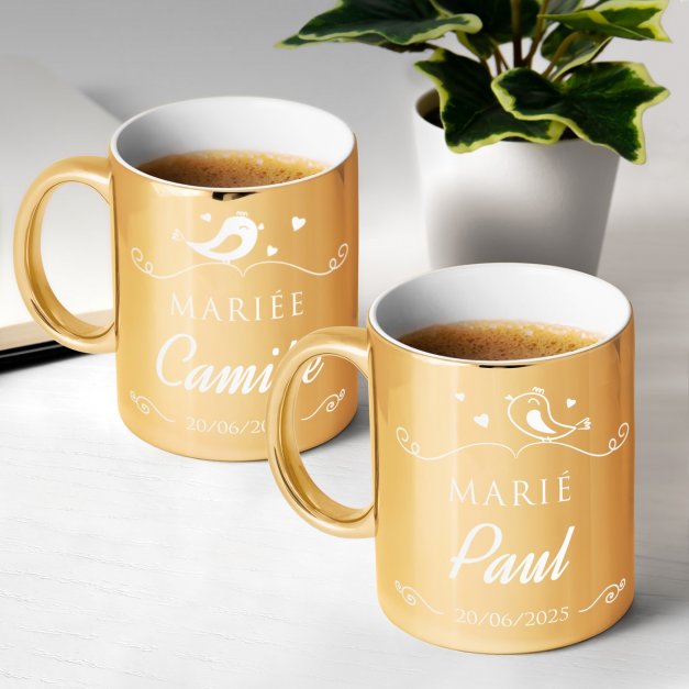 Set de 2 tasses dorées en céramique avec personnalisation pour couple mariage anniversaire