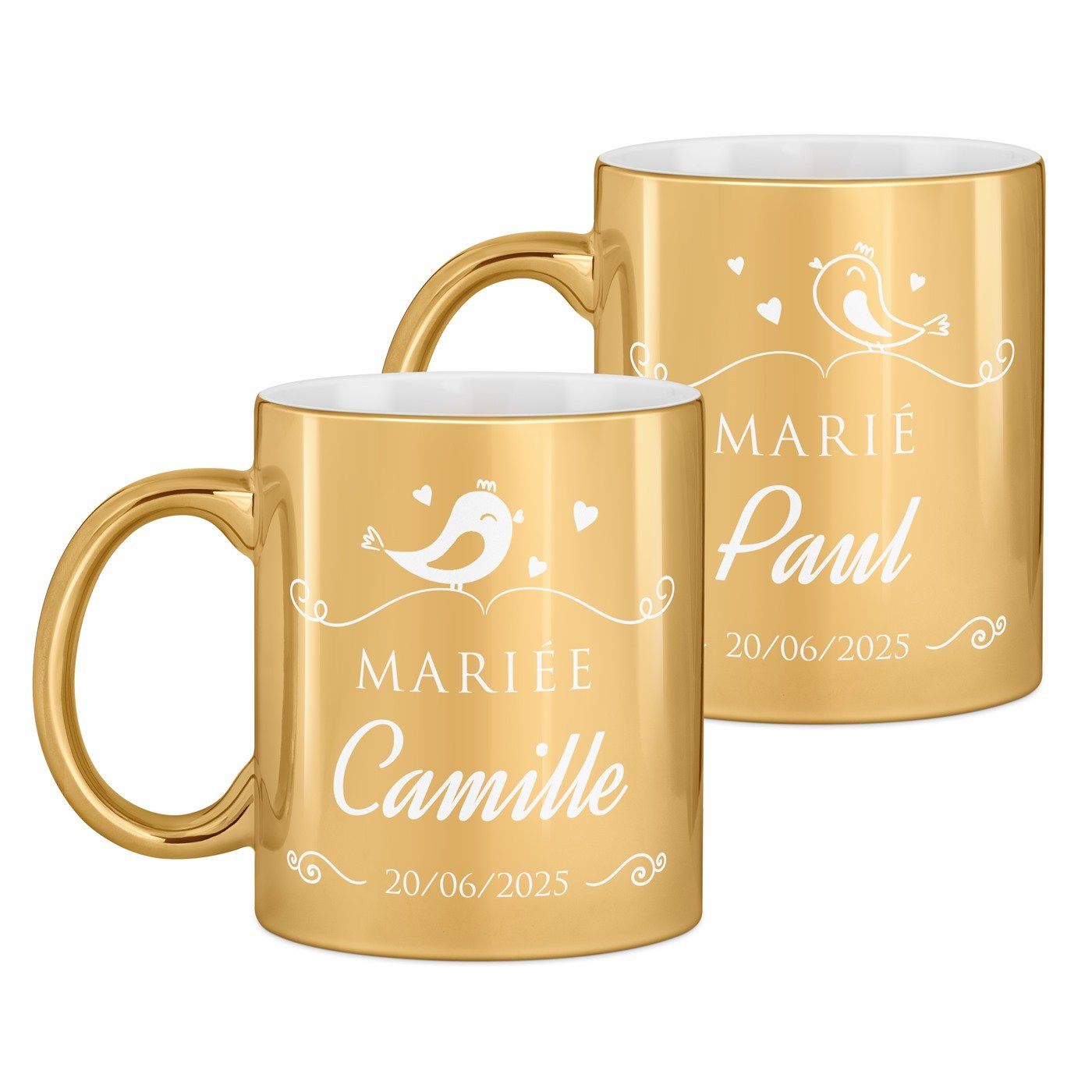 Set de 2 tasses dorées en céramique avec personnalisation pour couple mariage anniversaire