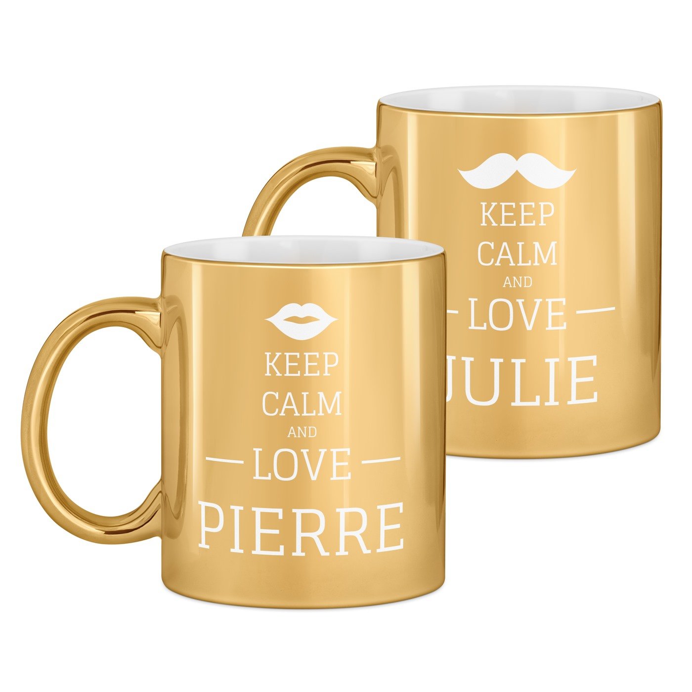 Set de 2 tasses dorées en céramique avec personnalisation pour couple keep calm saint valentin