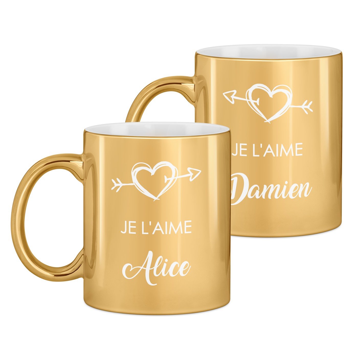 Set de 2 tasses dorées en céramique avec personnalisation pour couple saint valentin amour cœur