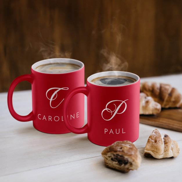 Set de 2 tasses rouges en céramique fond blanc avec personnalisation pour couple anniversaire de mariage st valentin