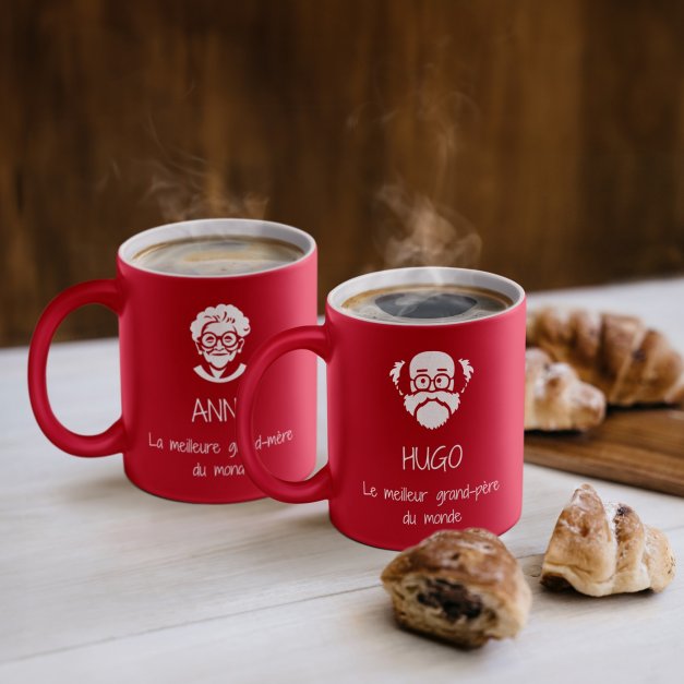Set de 2 tasses rouges en céramique fond blanc avec personnalisation pour grand-parents souvenir de mariage