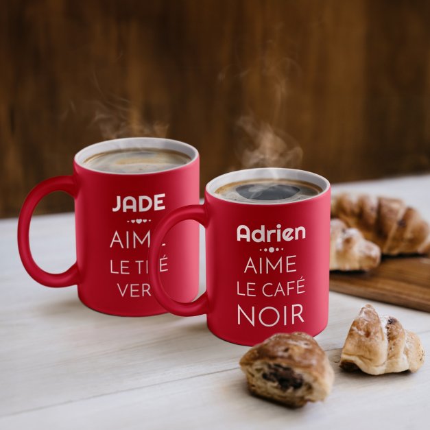 Set de 2 tasses rouges en céramique fond blanc avec personnalisation pour couple elle et lui saint valentin
