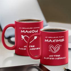 Set de 2 tasses rouges en céramique fond blanc avec personnalisation pour parents remerciement de mariage