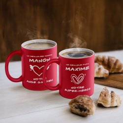 Set de 2 tasses rouges en céramique fond blanc avec personnalisation pour parents remerciement de mariage
