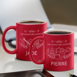 Set de 2 tasses rouges en céramique fond blanc avec personnalisation pour guitariste voyageur mariage anniversaire