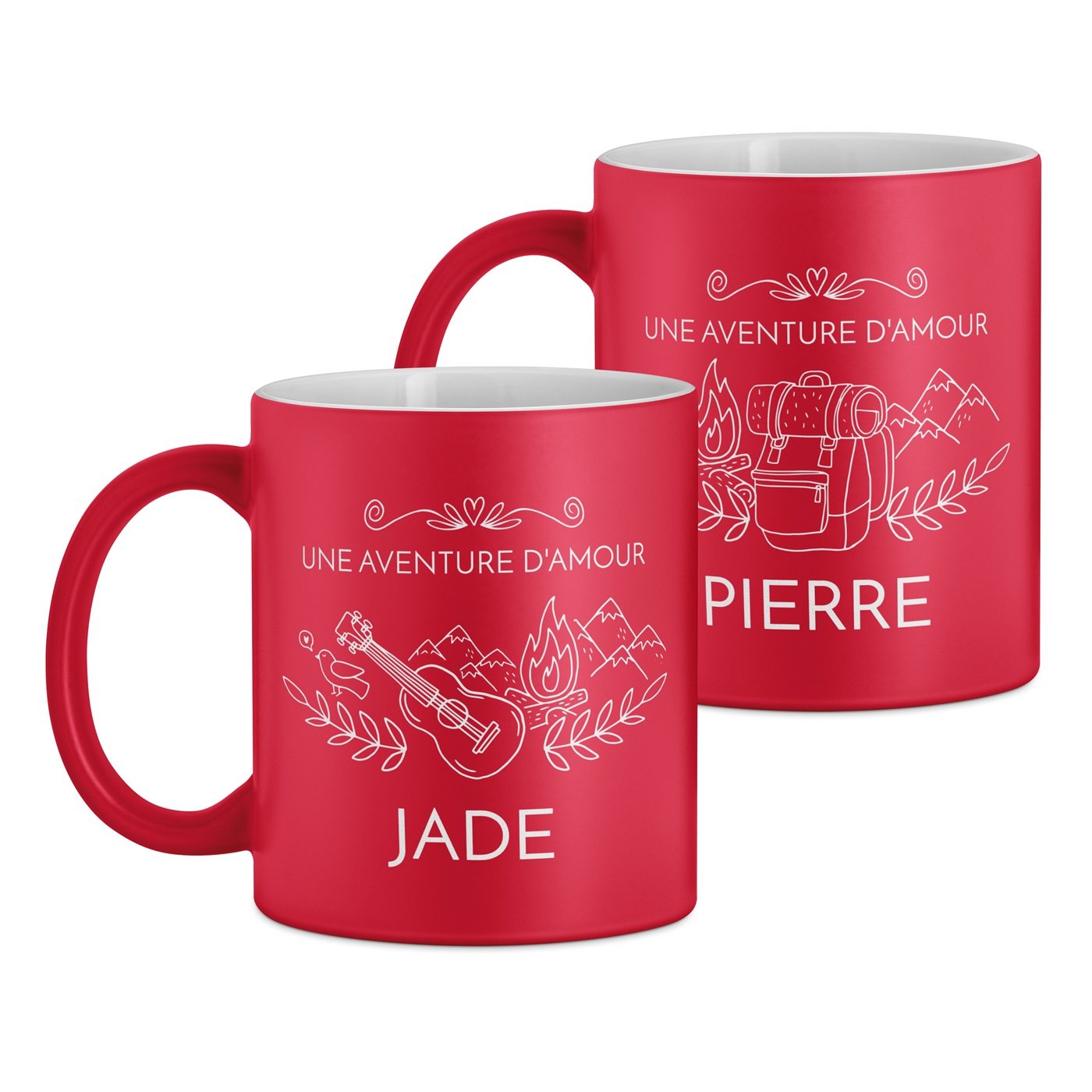 Set de 2 tasses rouges en céramique fond blanc avec personnalisation pour guitariste voyageur mariage anniversaire
