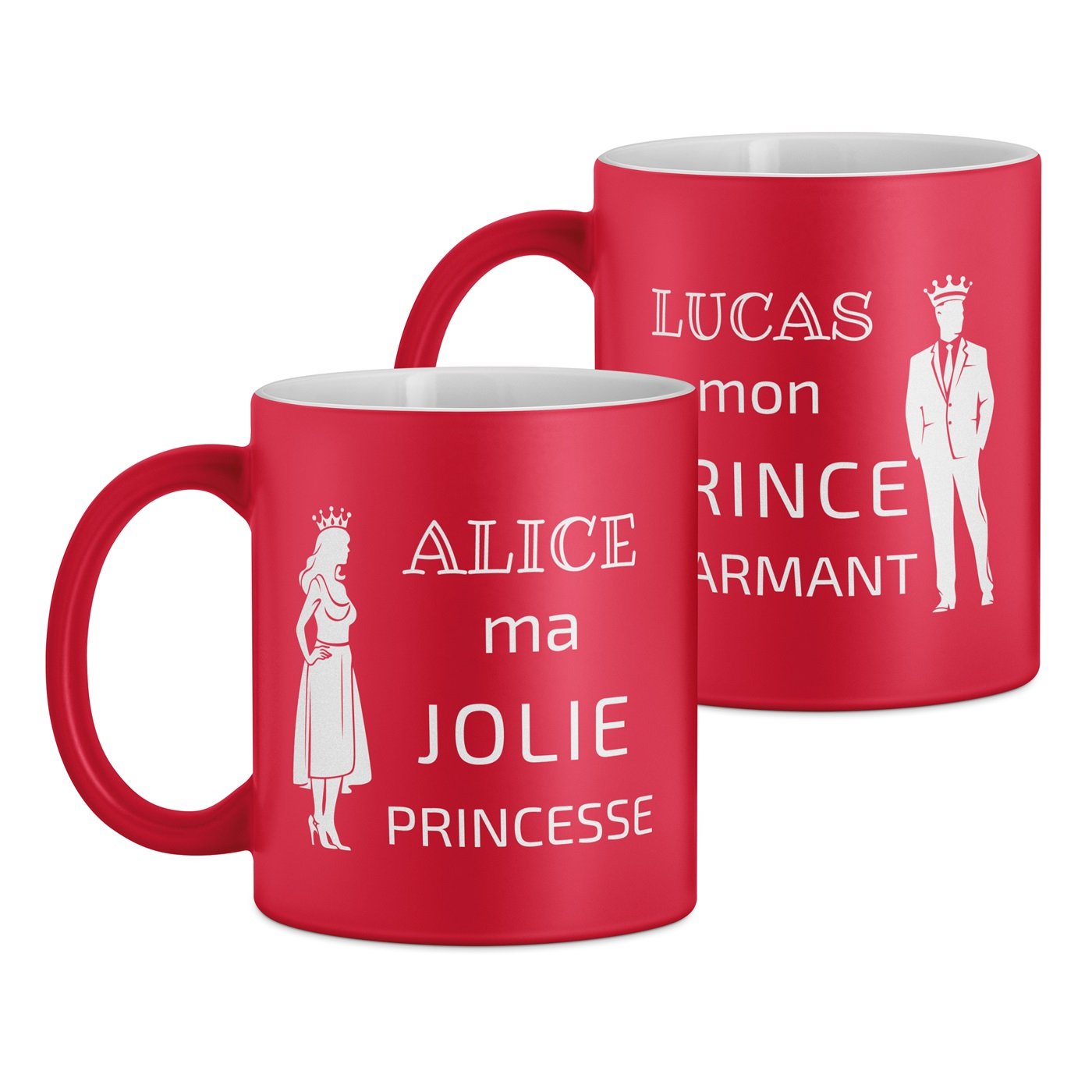 Set de 2 tasses rouges en céramique fond blanc avec personnalisation pour mari et femme conte de fées mariage