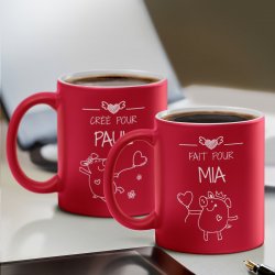 Set de 2 tasses rouges en céramique fond blanc avec personnalisation pour copain mari femme saint valentin mariage