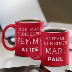 Set de 2 tasses rouges en céramique fond blanc avec personnalisation pour couple elle et lui amoureux saint valentin