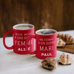 Set de 2 tasses rouges en céramique fond blanc avec personnalisation pour couple elle et lui amoureux saint valentin