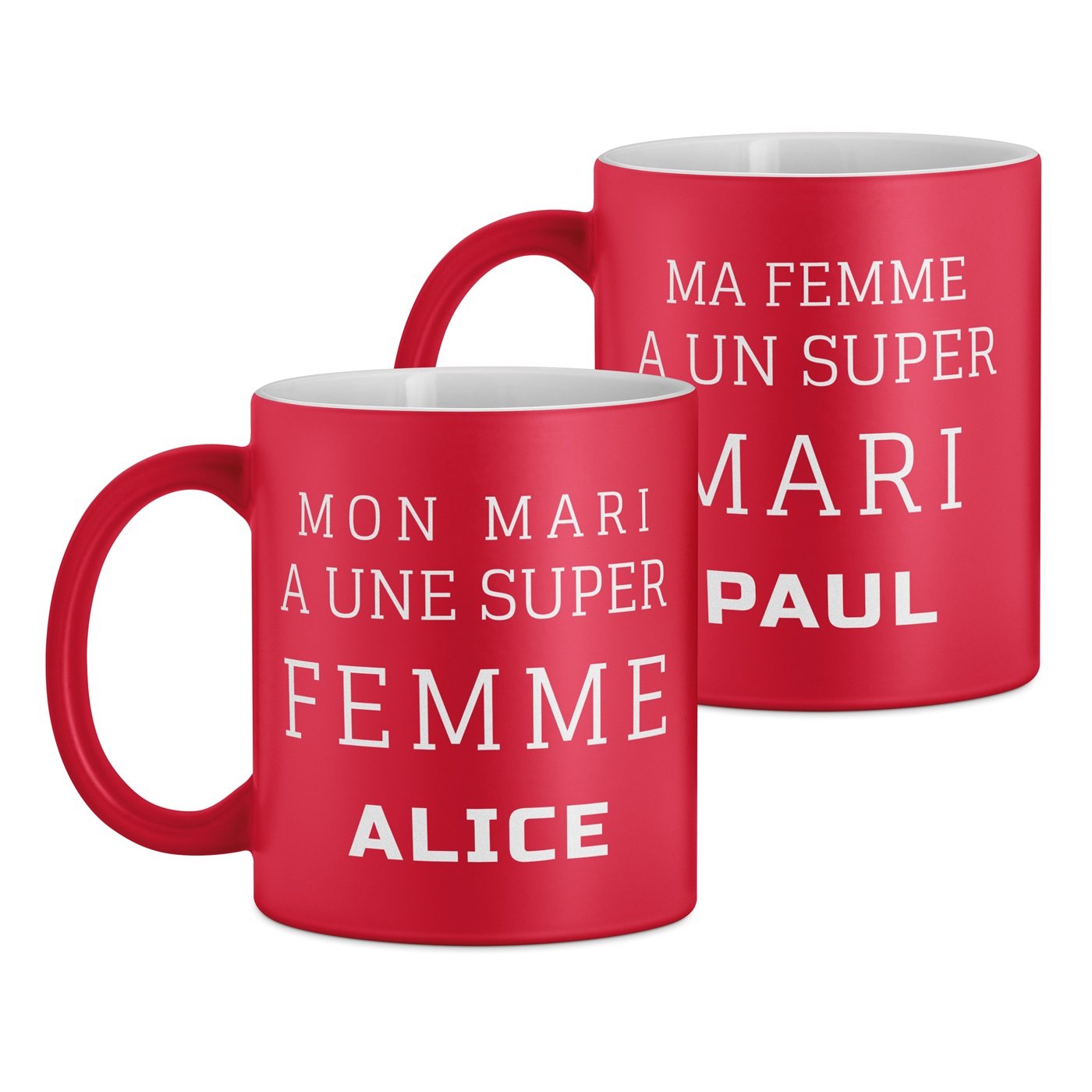 Set de 2 tasses rouges en céramique fond blanc avec personnalisation pour couple elle et lui amoureux saint valentin