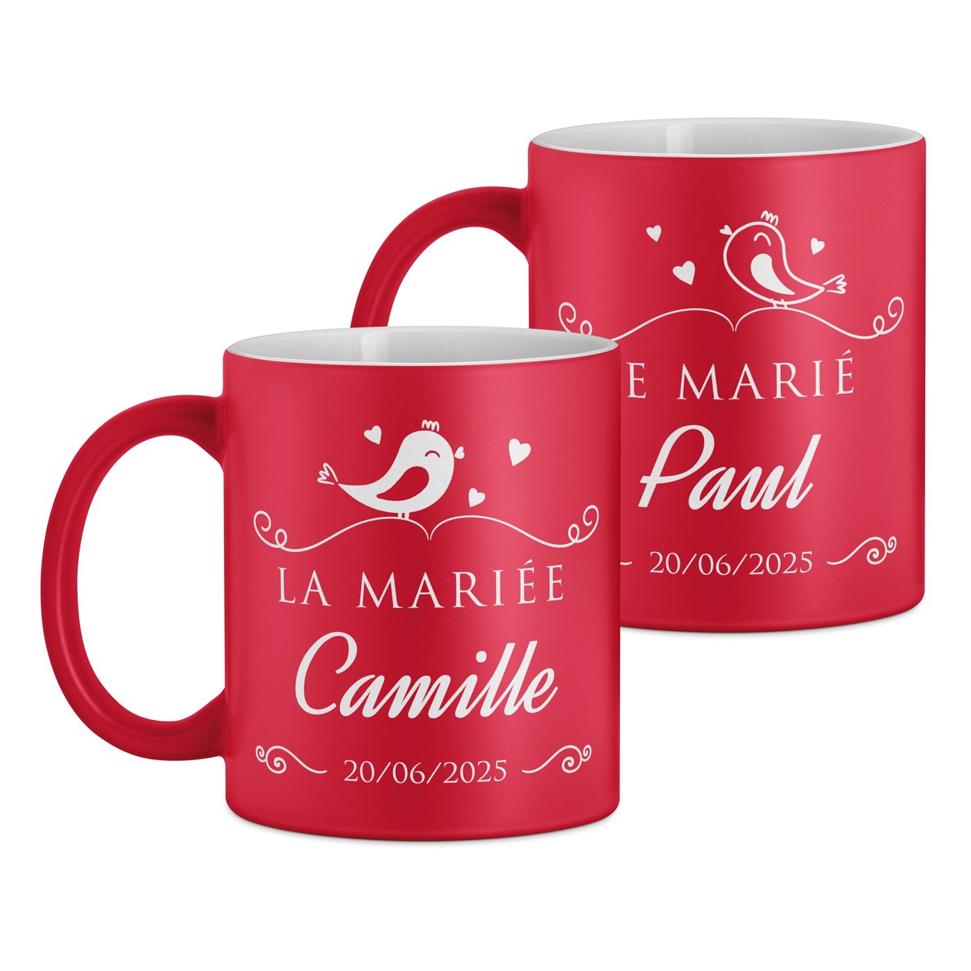 Set de 2 tasses rouges en céramique fond blanc avec personnalisation pour couple mariage
