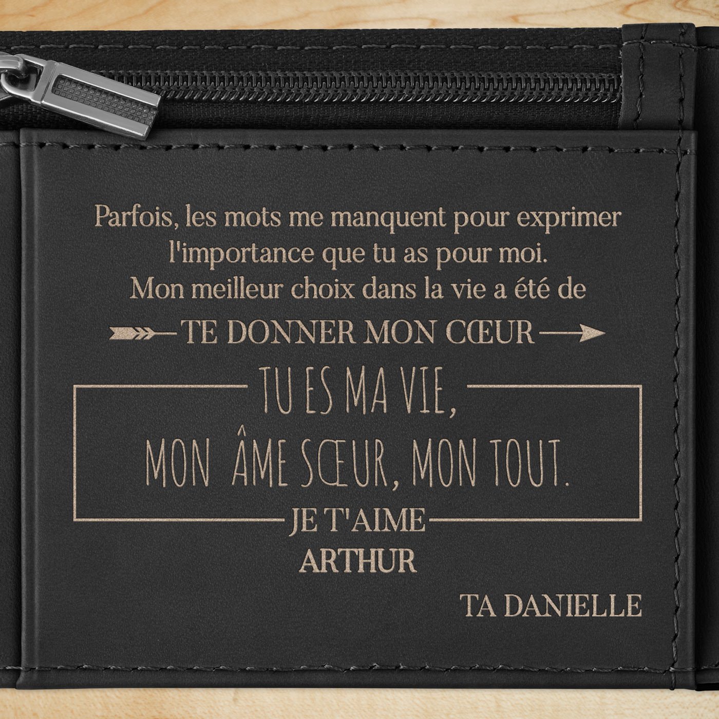Portefeuille Slim en cuir noir lisse personnalisé pour un époux pour la Saint-Valentin