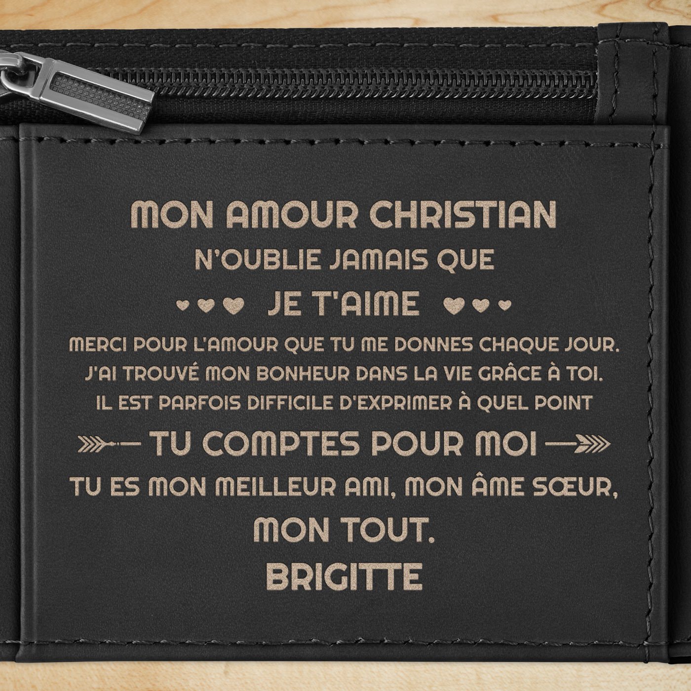 Portefeuille Slim en cuir noir lisse avec gravure pour un ami pour la Saint-Valentin