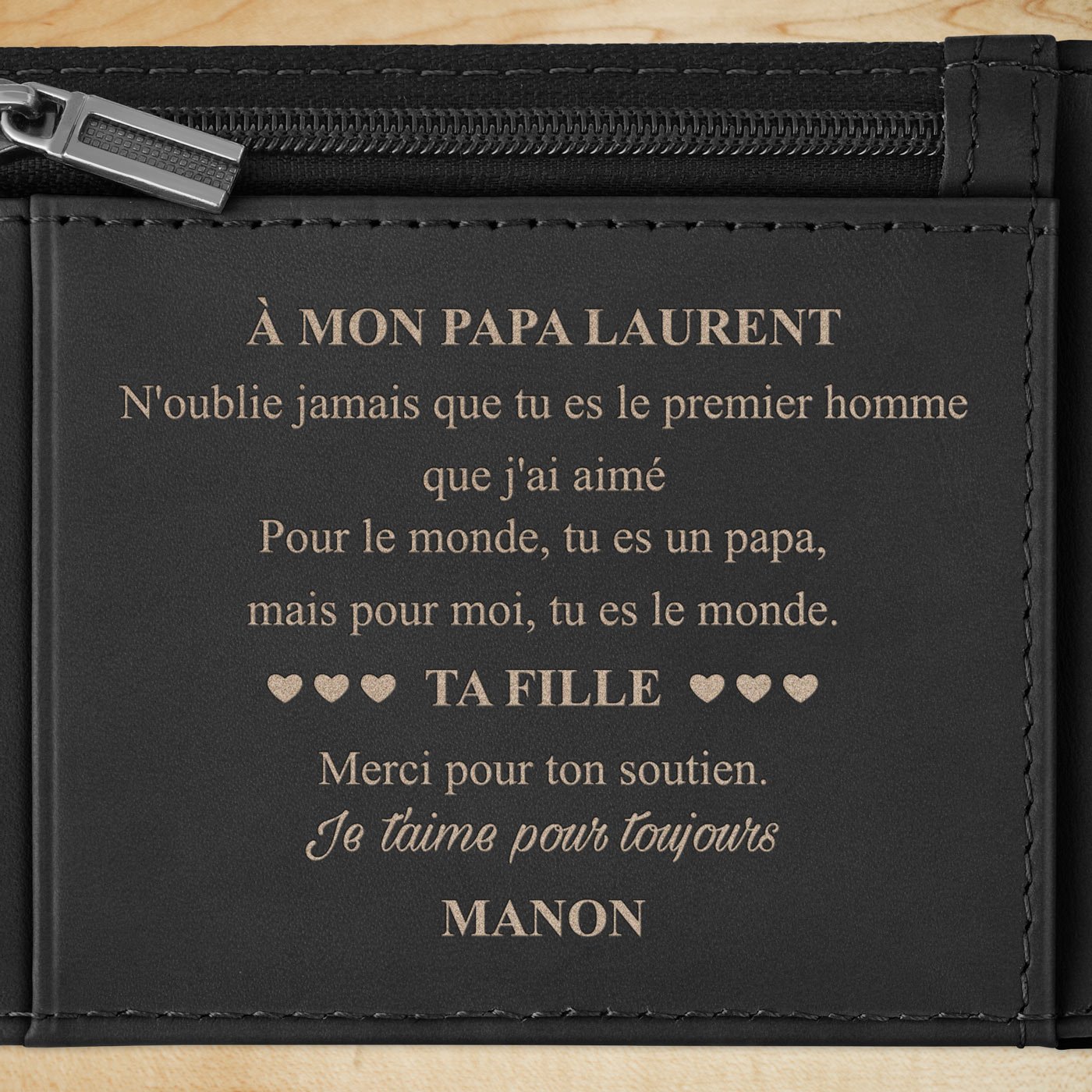 Portefeuille Slim en cuir noir lisse avec gravure pour la fête des pères