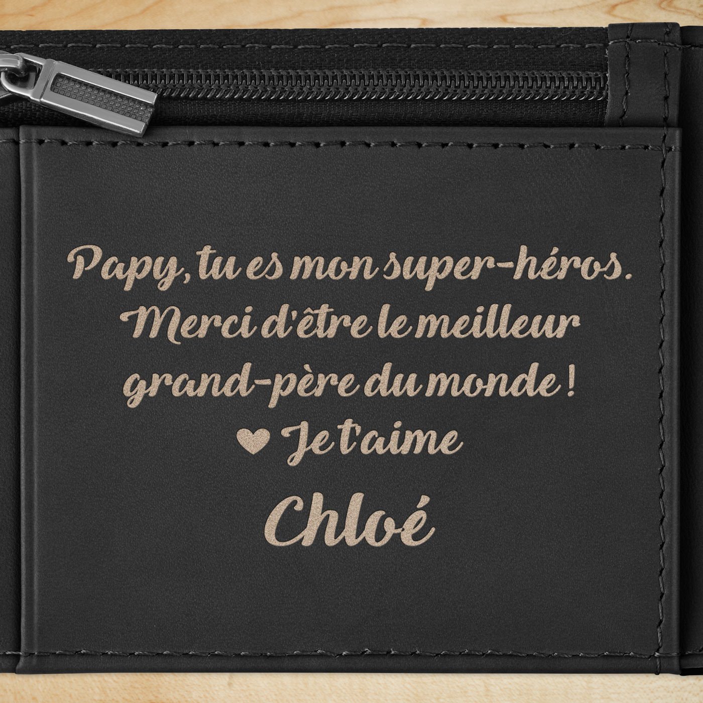 Portefeuille Slim en cuir noir lisse avec gravure pour l'anniversaire de papy