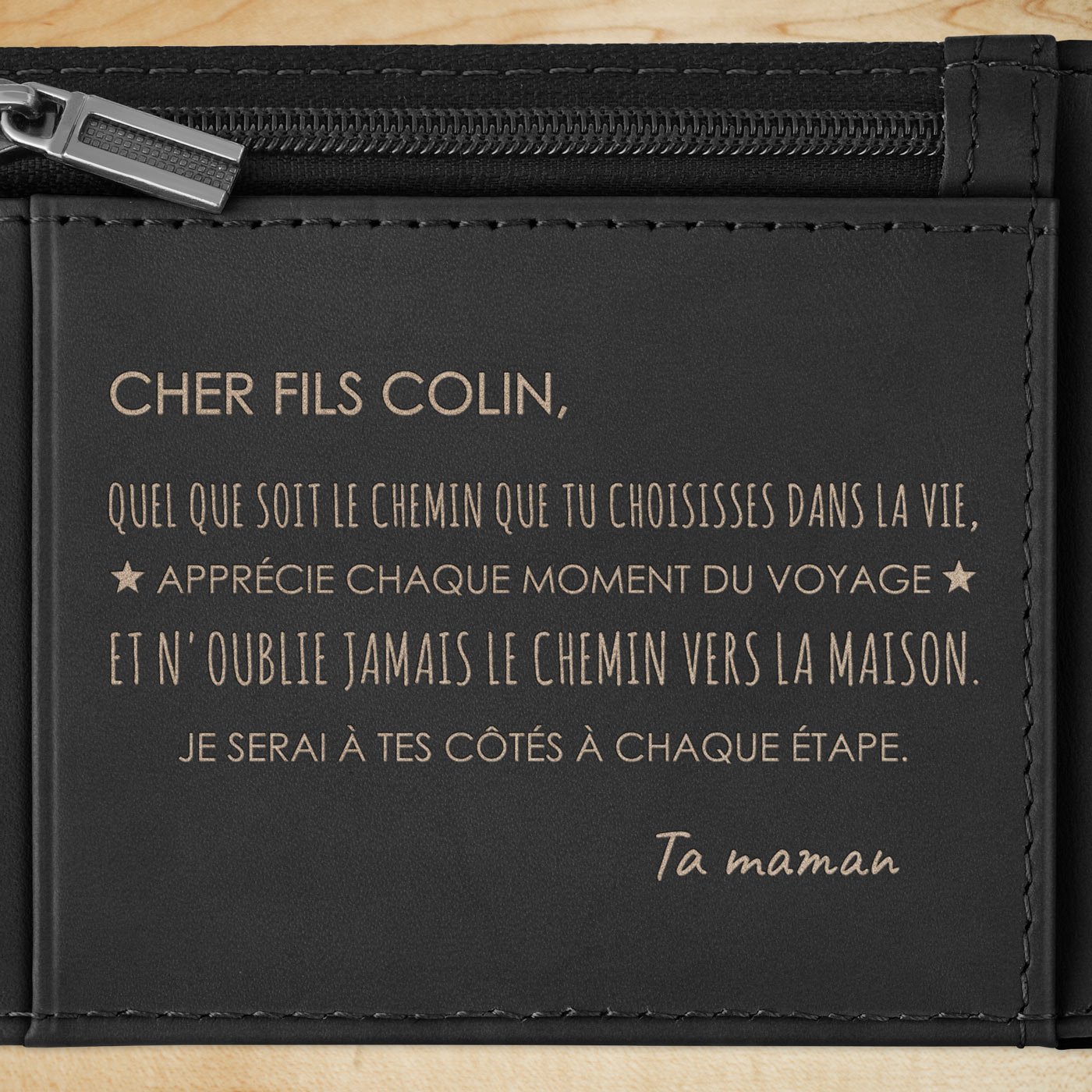 Portefeuille Slim en cuir noir lisse personnalisé pour un fils pour ses 18 ans