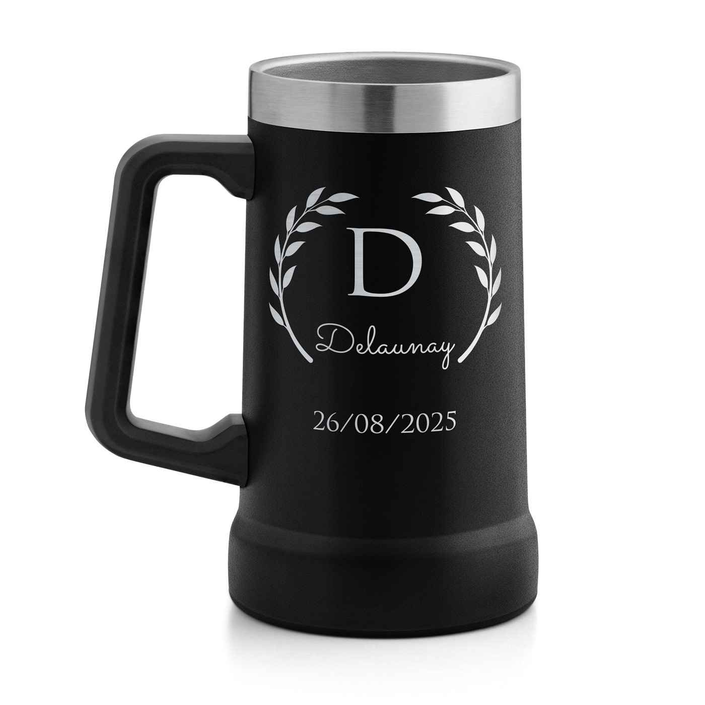 Gobelet isotherme verre à bière noir personnalisé pour l'anniversaire d'un copain
