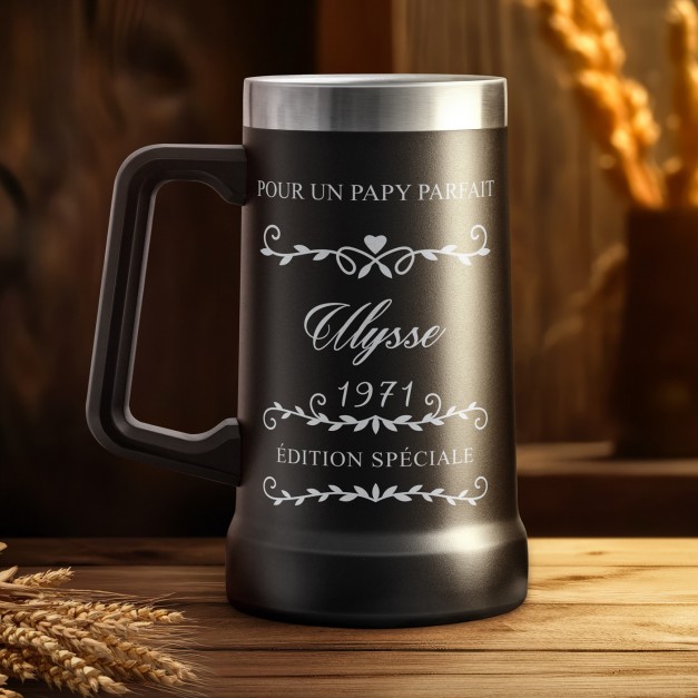 Gobelet isotherme verre à bière noir personnalisé pour l'anniversaire de papy