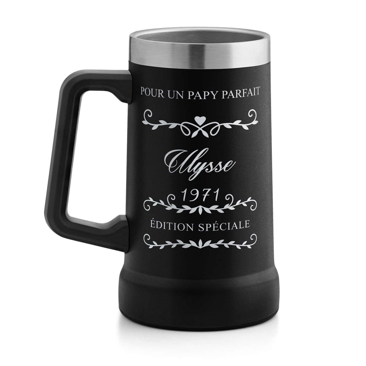 Gobelet isotherme verre à bière noir personnalisé pour l'anniversaire de papy