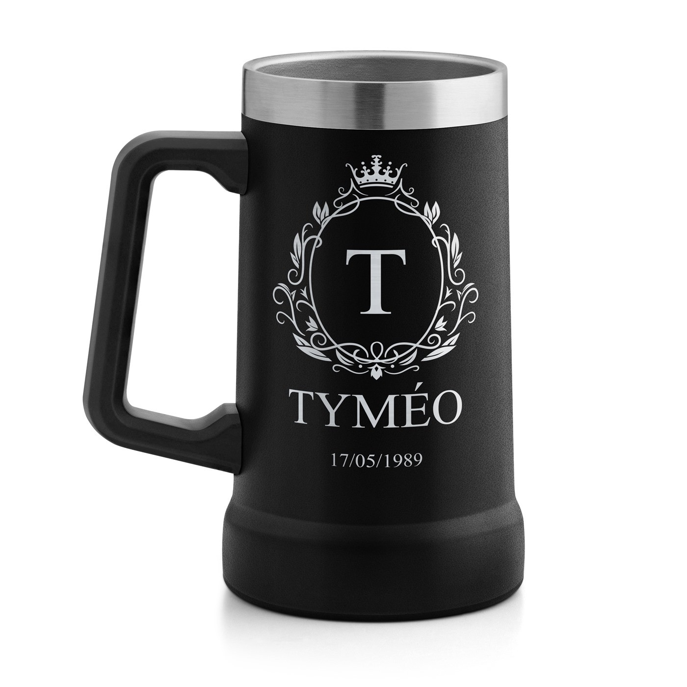 Gobelet isotherme verre à bière noir avec gravure pour l'anniversaire d'un gentleman