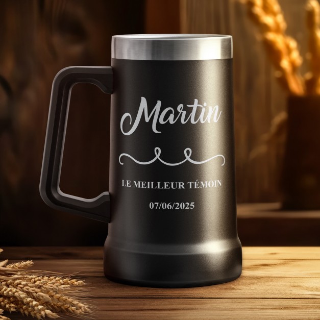 Gobelet isotherme verre à bière noir avec gravure pour un meilleur témoin de mariage