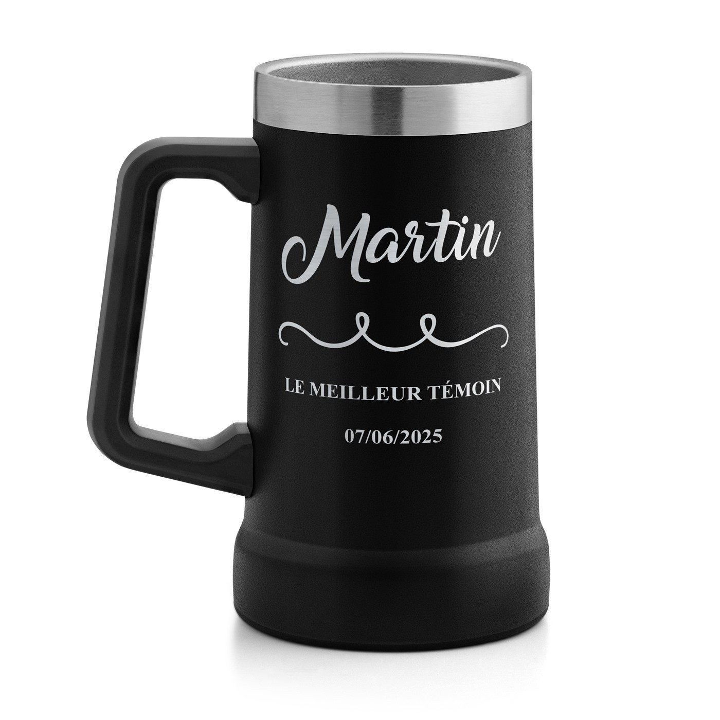 Gobelet isotherme verre à bière noir avec gravure pour un meilleur témoin de mariage