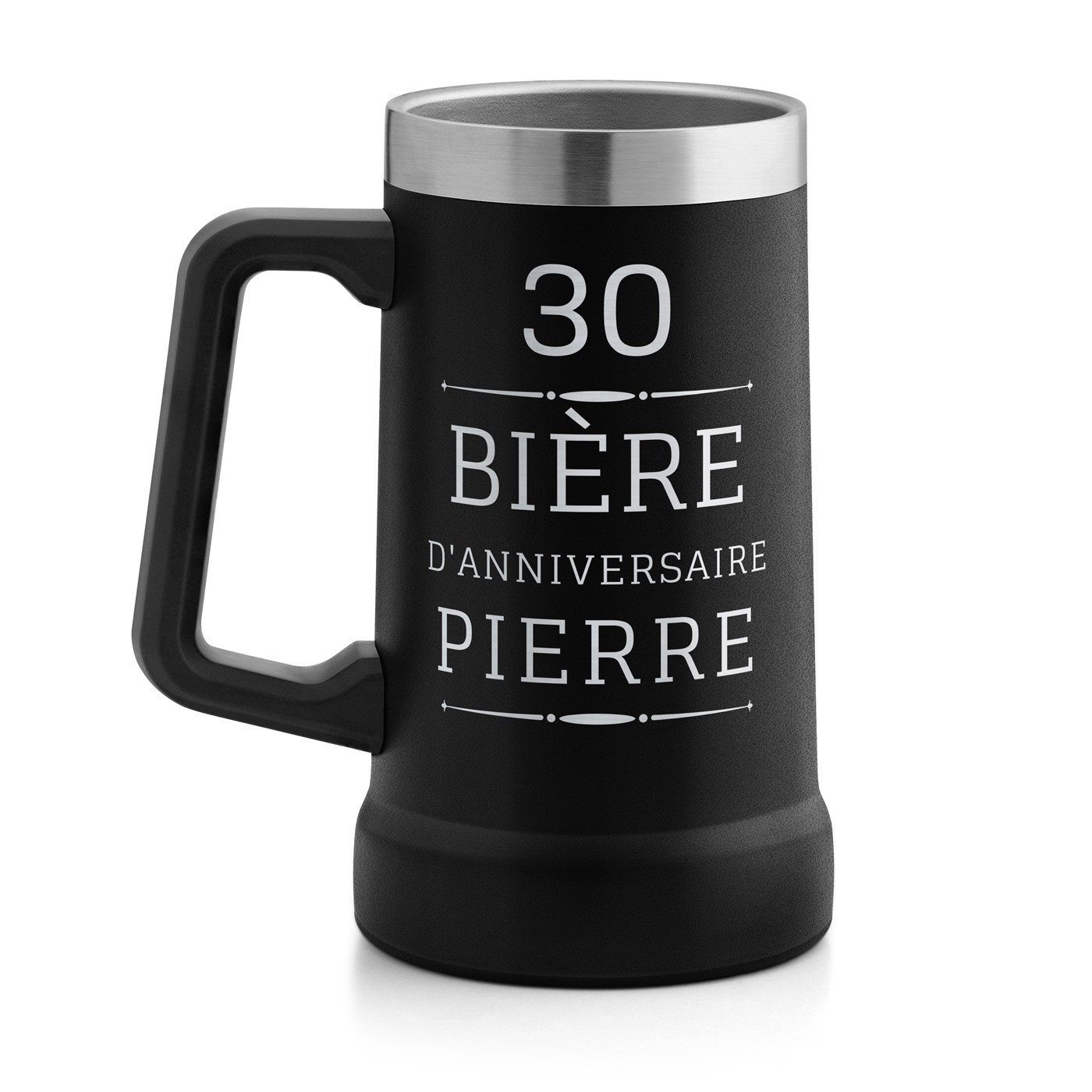 Gobelet isotherme verre à bière noir avec gravure pour un homme pour ses 30 ans