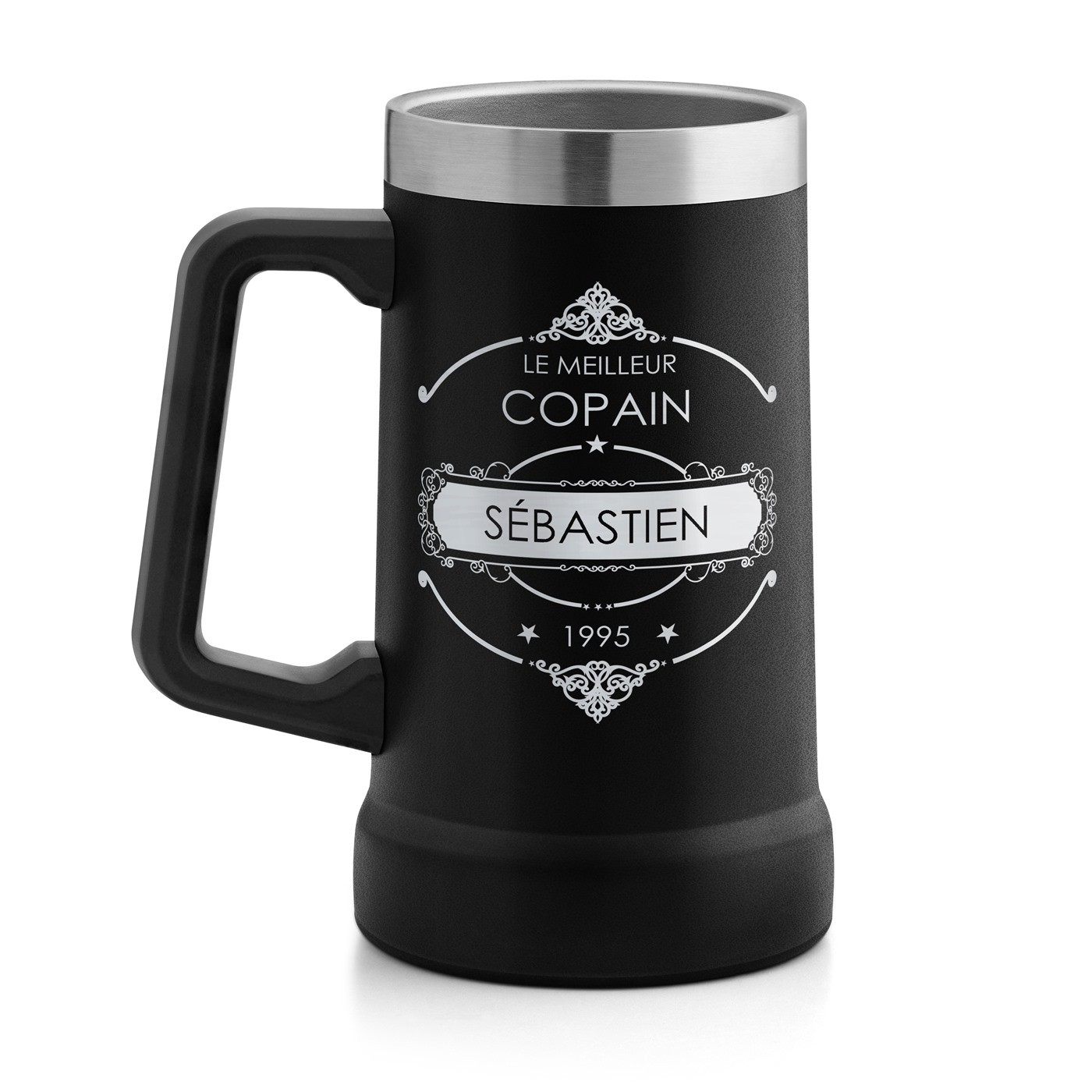 Gobelet isotherme verre à bière noir avec gravure pour un copain pour la Saint-Valentin