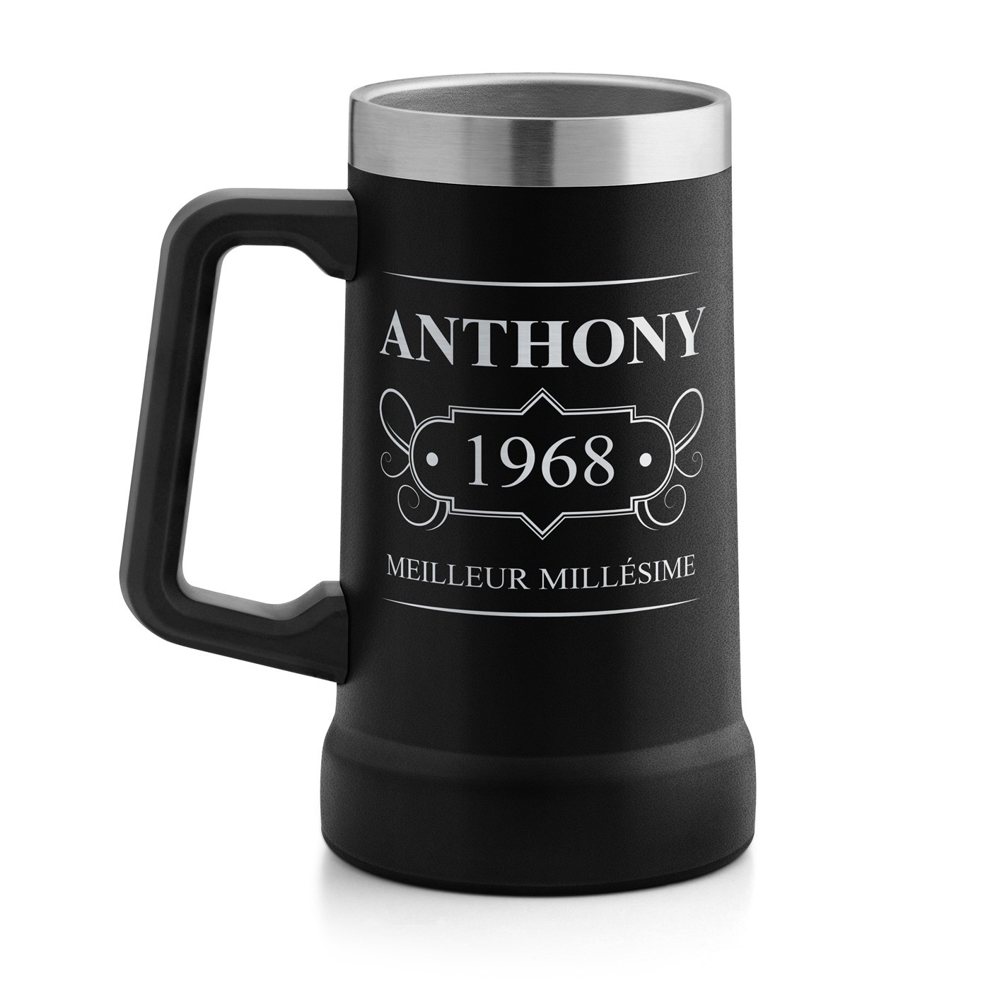 Gobelet isotherme verre à bière noir avec gravure pour l'anniversaire d'un époux