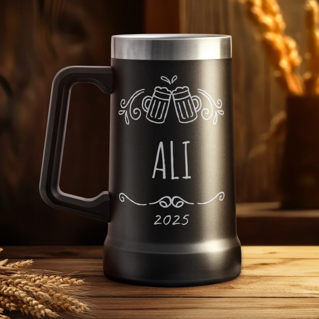 Gobelet isotherme verre à bière noir avec gravure pour un copain pour Noël