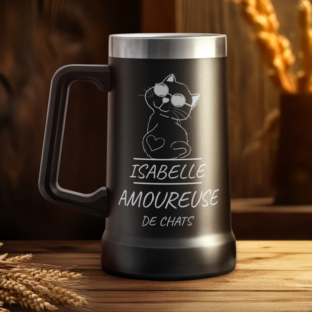 Gobelet isotherme verre à bière noir personnalisé pour l'anniversaire d'une fan de chats