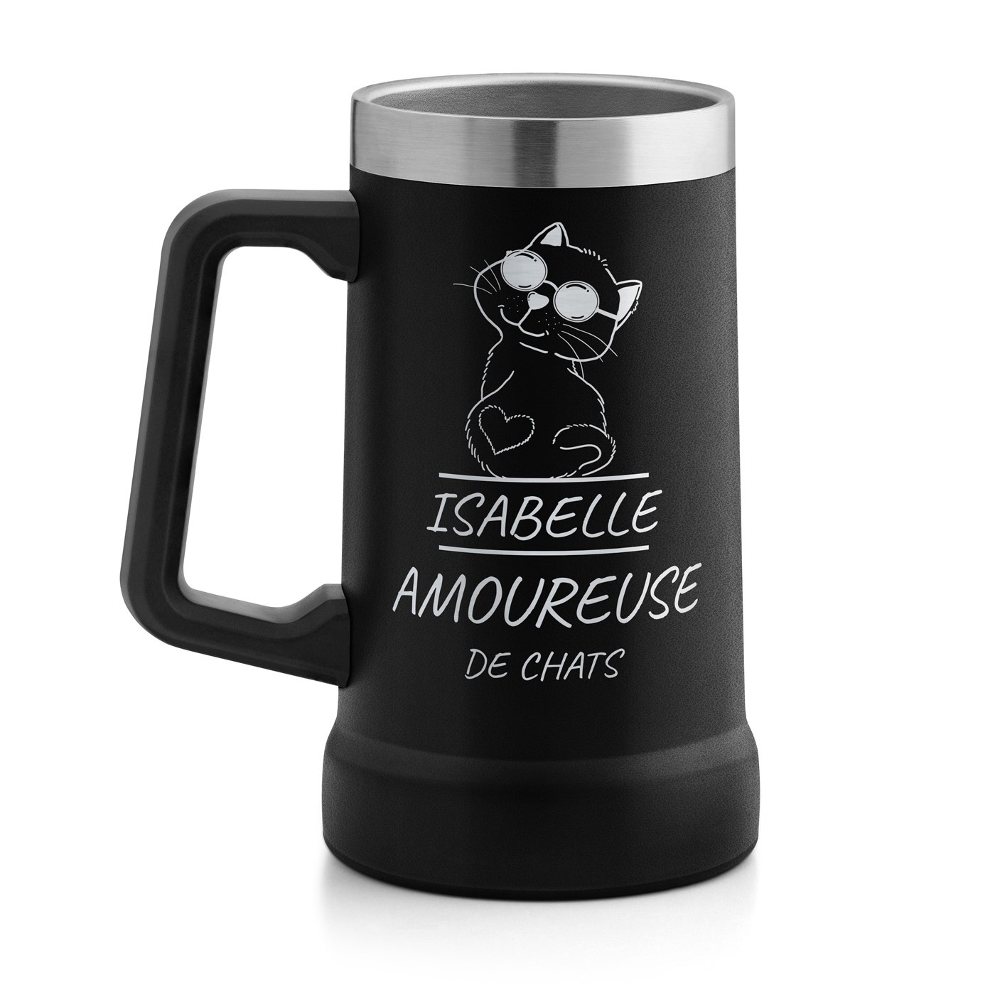 Gobelet isotherme verre à bière noir personnalisé pour l'anniversaire d'une fan de chats
