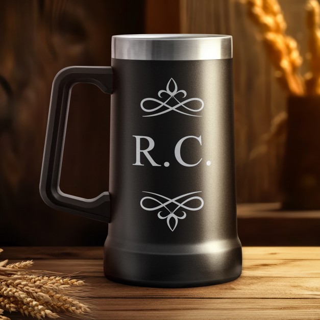 Gobelet isotherme verre à bière noir avec gravure pour l'anniversaire d'un patron