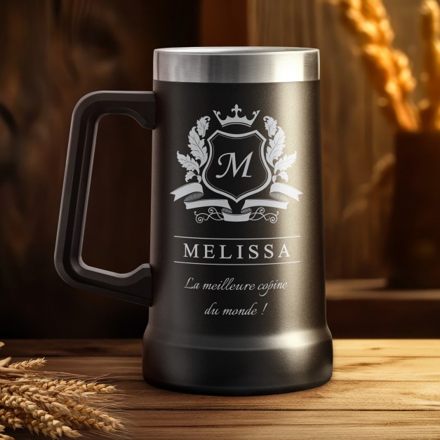 Gobelet isotherme verre à bière noir avec gravure pour l'anniversaire d'une copine