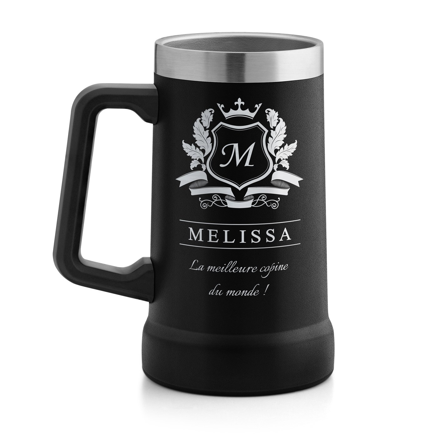 Gobelet isotherme verre à bière noir avec gravure pour l'anniversaire d'une copine