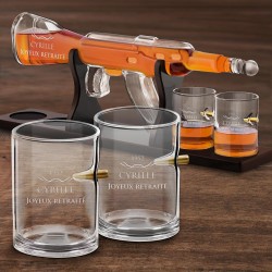Carafe Fusil et 4 verres avec gravure pour un retraité pour son anniversaire