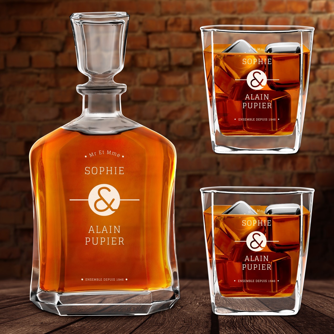 Set Carafe et 2 verres à whisky avec gravure pour couple