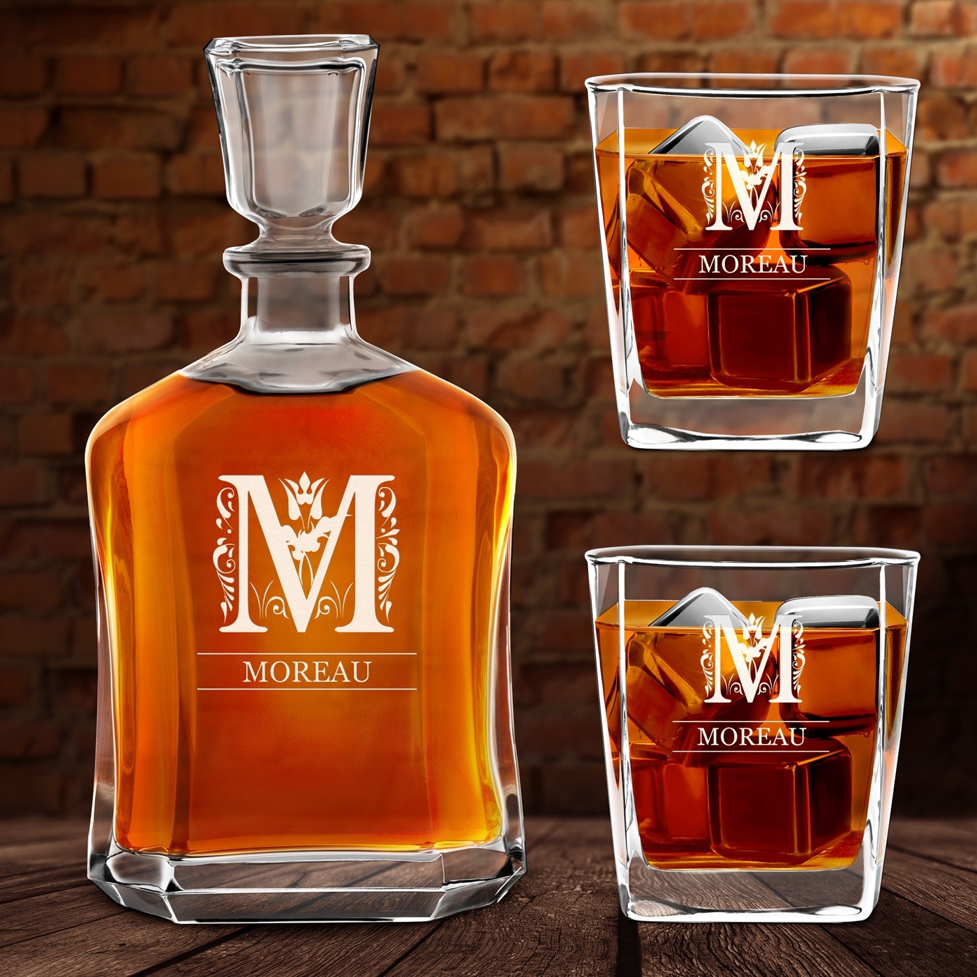 Set Carafe et 2 verres à whisky avec gravure pour gentleman avec initiale 